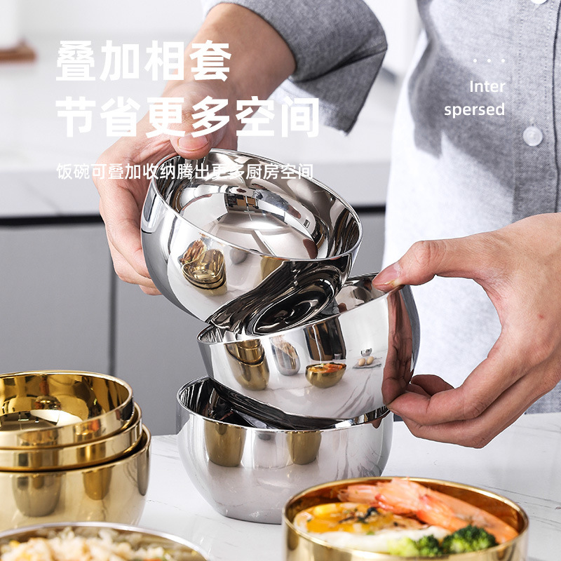 304 Stainless Steel Bowl Double Insulated Platinum Bowl Children's Drop Resistant Student Bowl Soup School Canteen Household Rice Bowl