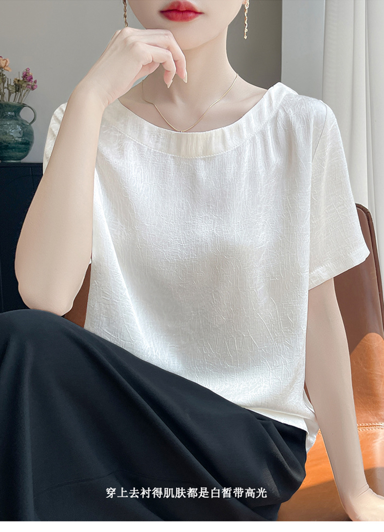 短袖t恤女装夏高级感大码胖M减龄遮肚子醋酸缎面正肩真丝小衫上衣详情19