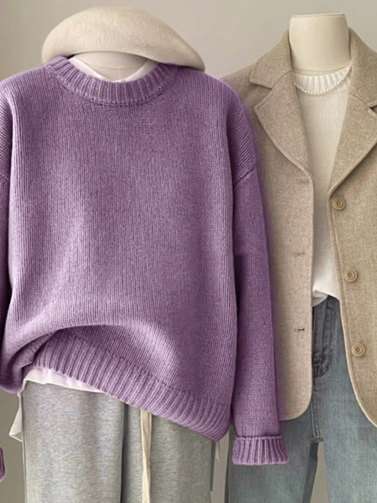 日系复古深绿色毛衣女秋冬宽松慵懒风圆领套头打底内搭针织衫加厚详情5