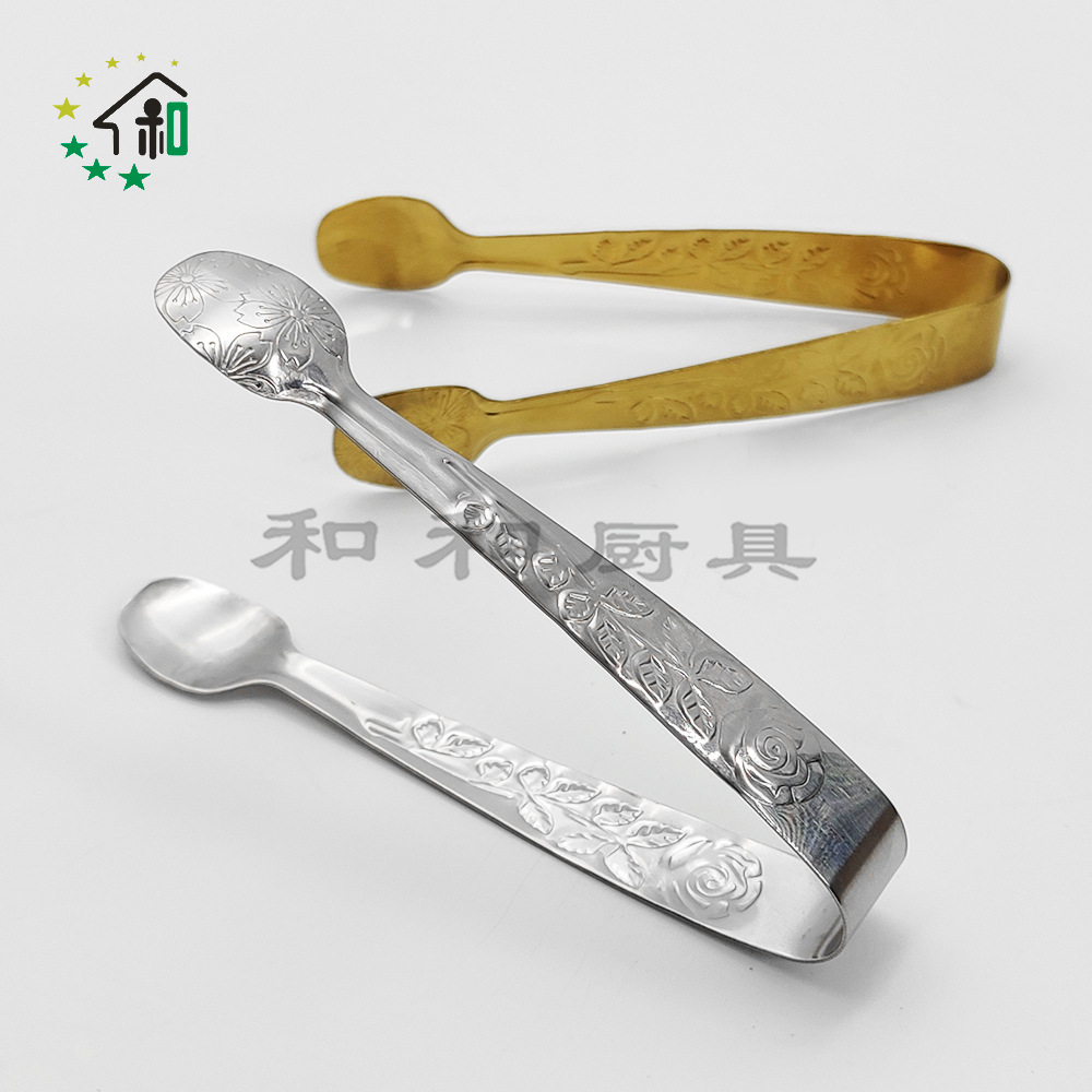 跨境批发不锈钢玫瑰花纹糖夹现货加厚迷你食品夹酒吧冰块夹子冰夹