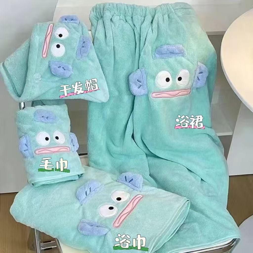 可穿可裹珊瑚绒浴巾女毛巾干发帽成人三件套卡通小丑鱼吸水浴裙