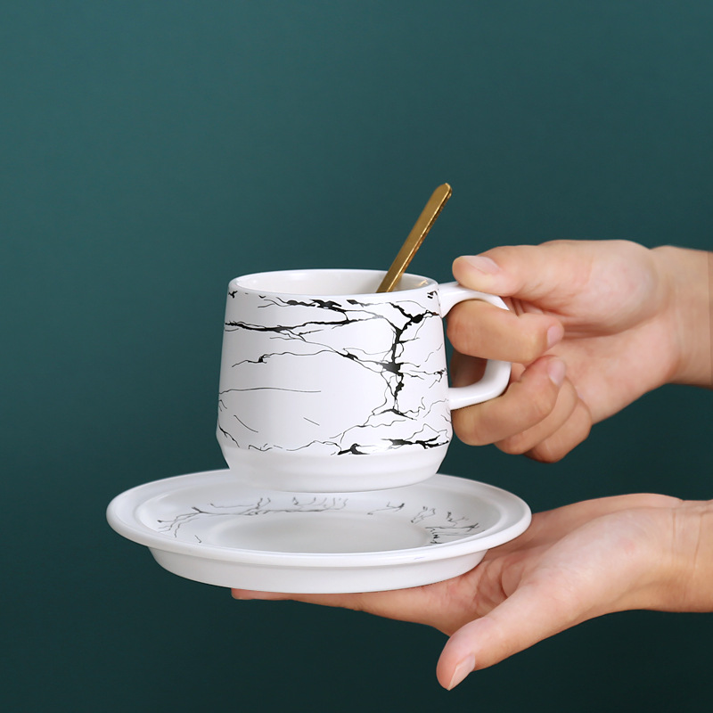 创意陶瓷杯大理石纹镀金欧式马克杯托盘咖啡杯牛奶杯喝水杯伴手礼
