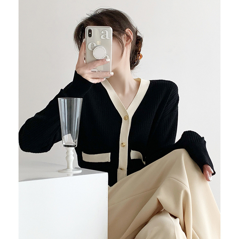 Chanel-style cardigan, women's early autumn coat, color-blocking V-neck knitted soft and gentle style, waist-cinching sweater
