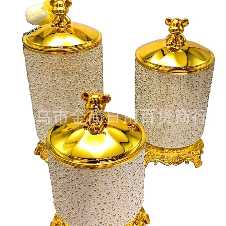 Plastic bear lid, round rice beads, gold edge, round stand, storage tank, kitchen rice storage tank with color box Item Picture