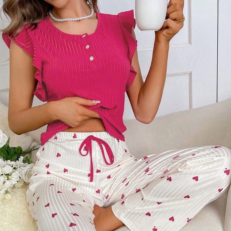 YANNI cross-border women's home wear with small flying sleeves, heart-shaped printed long pants, ruffled edges and casual stripes, can be worn over European and American pajamas Specification image