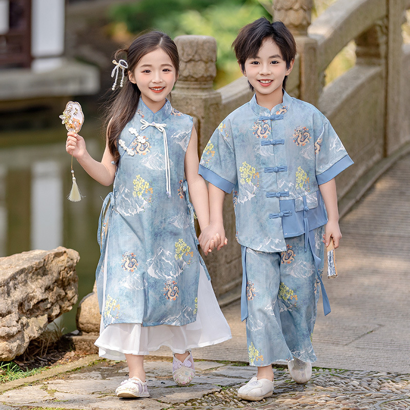 国潮女童旗袍裙儿童新中式汉服夏季中国风唐装男女童古装古风演出服潮