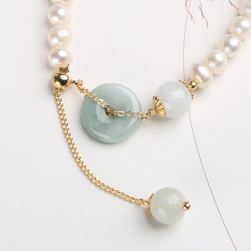 Natural freshwater pearl jade peace pendant bracelet, fresh and elegant beaded, retro style, 14k gold-plated jade bracelet Specification image