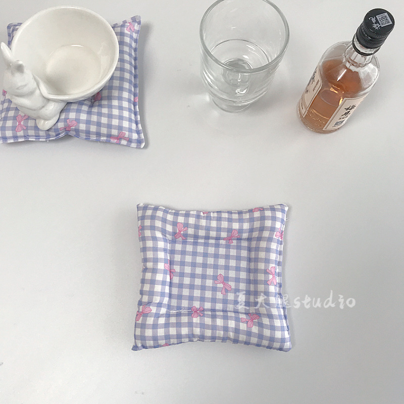 格子粉色蝴蝶结夹棉餐垫纯棉紫色双面加厚隔热杯垫少女心摆拍垫子详情17