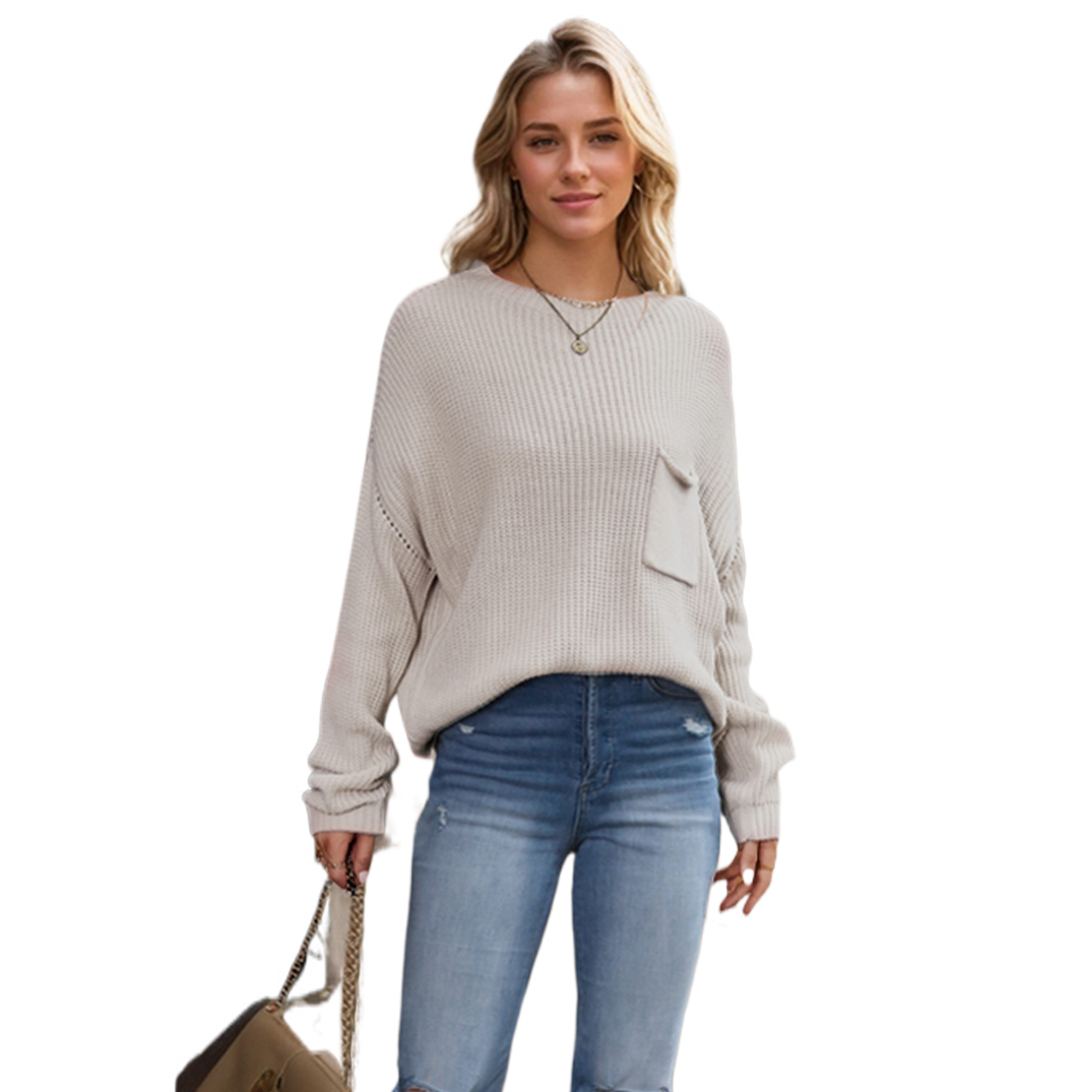 In the winter of 2025, Amazon is selling solid-color chic pocket-decorated round-neck women's base knitted sweater pullovers Item Picture