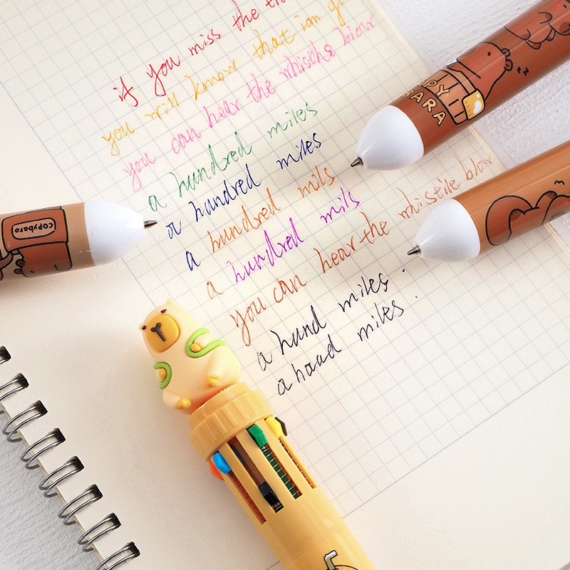Cartoon Capibala 10-Color Ballpoint Pen Students Creative Multi-Color Pen Stationery Gifts Cute Press Pen Batch Application Scenario