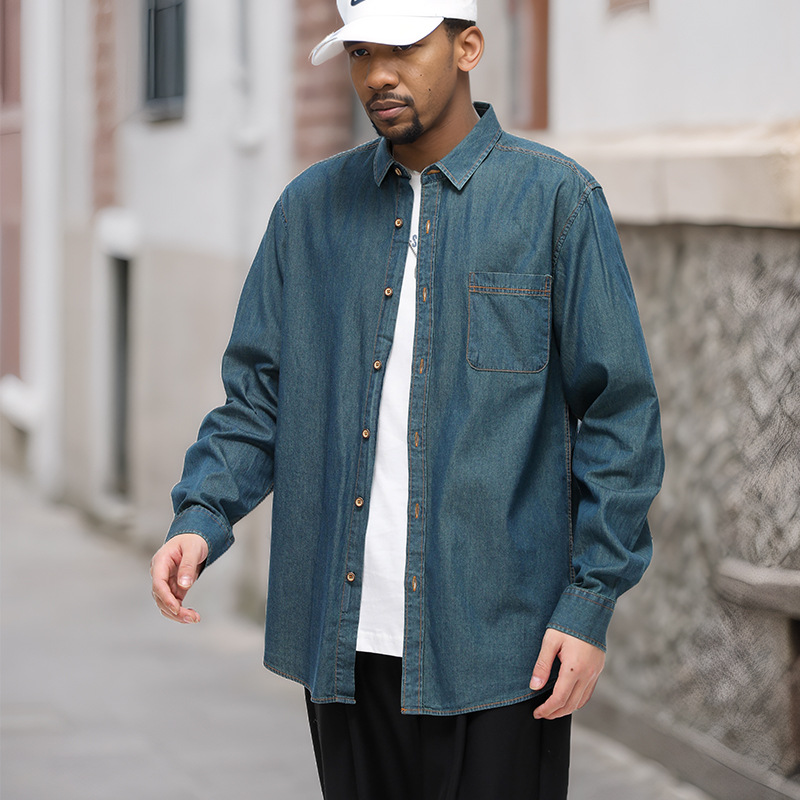 Cross-border American denim shirt for men, pure cotton no-iron solid color long-sleeved men's casual jacket, trendy men's clothing for foreign trade Specification image