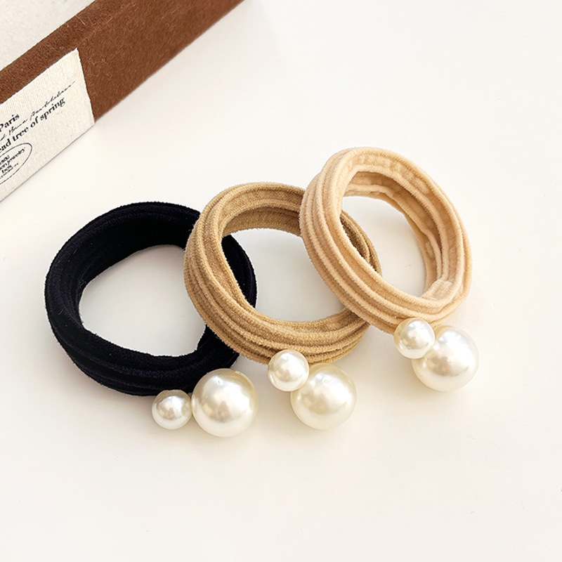 Korean version thickened high-elasticity pearl hair band, milk coffee-colored elegant ponytail hair tie, fashionable and simple bun hair tie for women details Picture