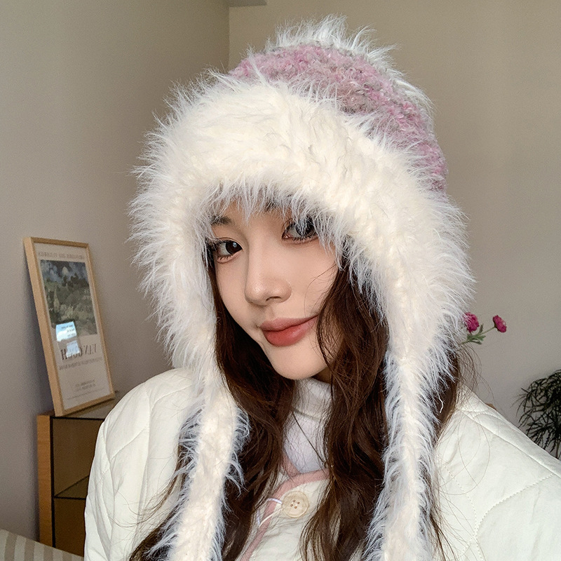 Plush double-braided ear-protecting woolen cap for women, thickened and color-blocked cold-proof hooded cap for autumn and winter, sweet and cute cycling knitted cap Application Scenario