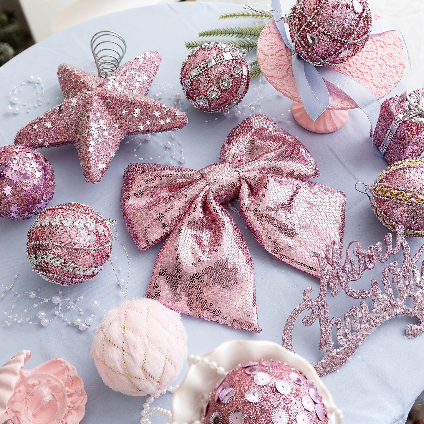 Hot-selling Christmas ball decoration 8CM pink foam ball pendant, Instagram Christmas tree decoration and arrangement pink set hanging ball