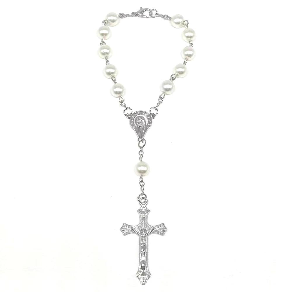 European And American Foreign Trade Cross-Border Hot Sales Black Glass Beads White Imitation Pearl Rosary Bracelet Drop Oil Cross Beaded Nine-Word Needle Curved Needle Bracelet Manufacturers Wholesale Application Scenario