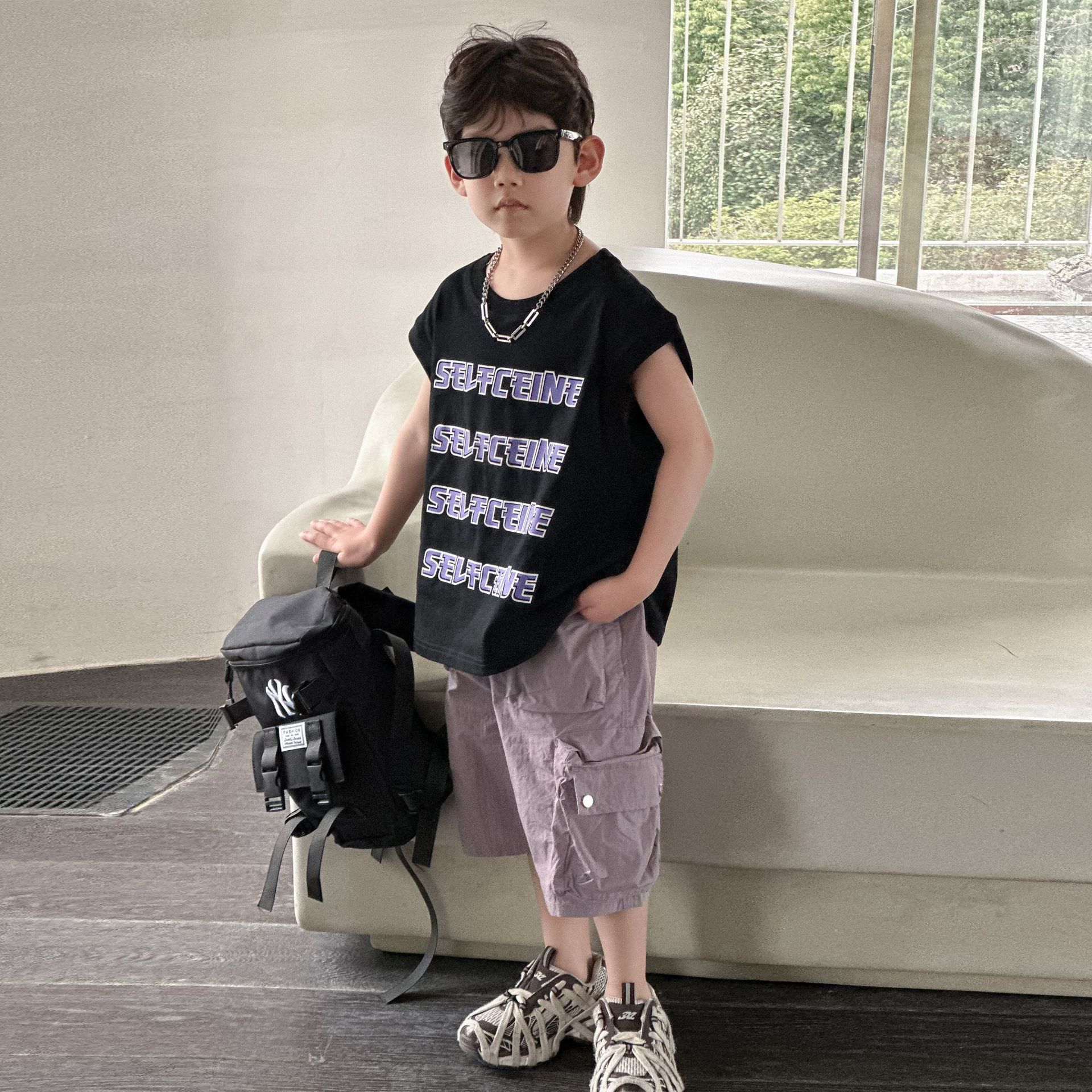 Summer pure cotton printed T-shirt for boys, 2025 new style summer clothing for children, sleeveless T-shirt for boys, casual short-sleeved top for children Application Scenario