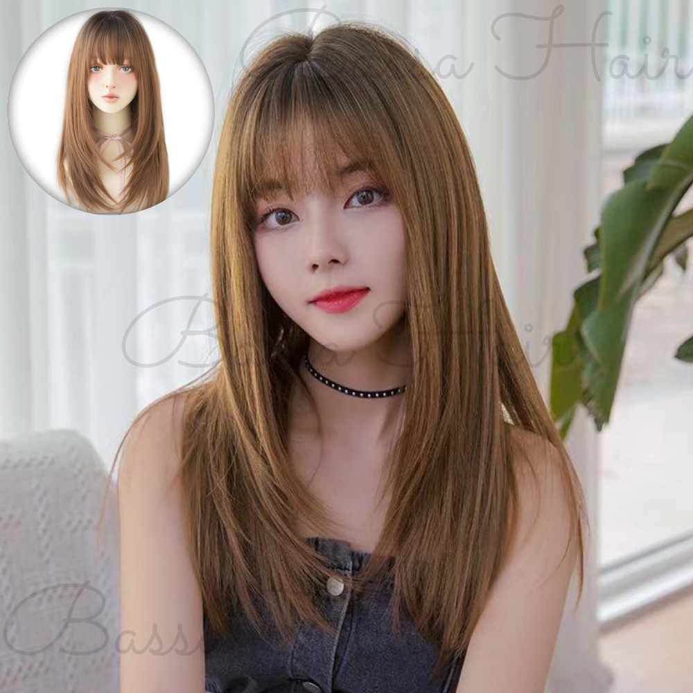 Natural long straight hair, air bangs wig, fluffy and popular online hair wig, 26-inch synthetic wig