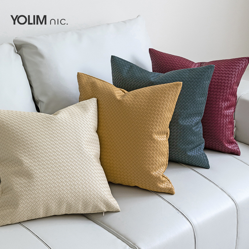 Modern Leather Woven Pillow Cushion Brown Orange Italian Modern Model Room Sofa Pillow Cover Light Luxury Item Picture