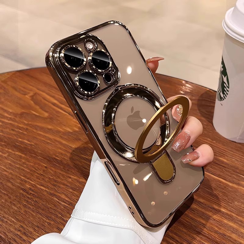 Magnetic support point bracket is suitable for iphone16promax phone cases and transparent anti-drop electroplated protective cases for Apple 15