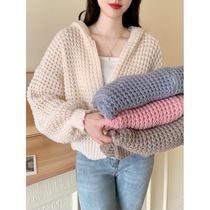 Korean solid color hooded retro thick needle lapel sweater sweater lazy loose temperament zipper sweater coat women