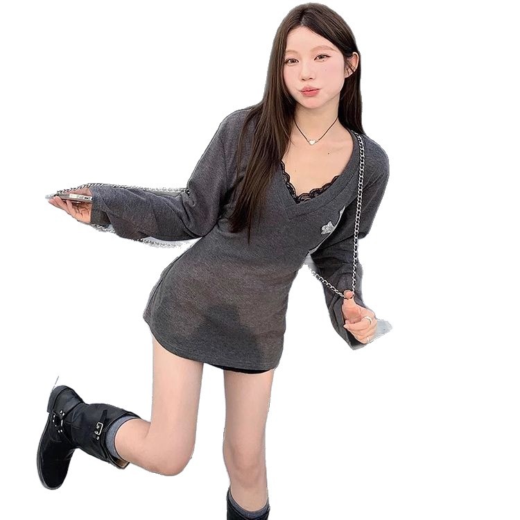 Hot Girl Cross Heavy Industry Hot Diamond Dress for Women's autumn and winter new design style V-neck long-sleeved slim lace-up short skirt Item Picture