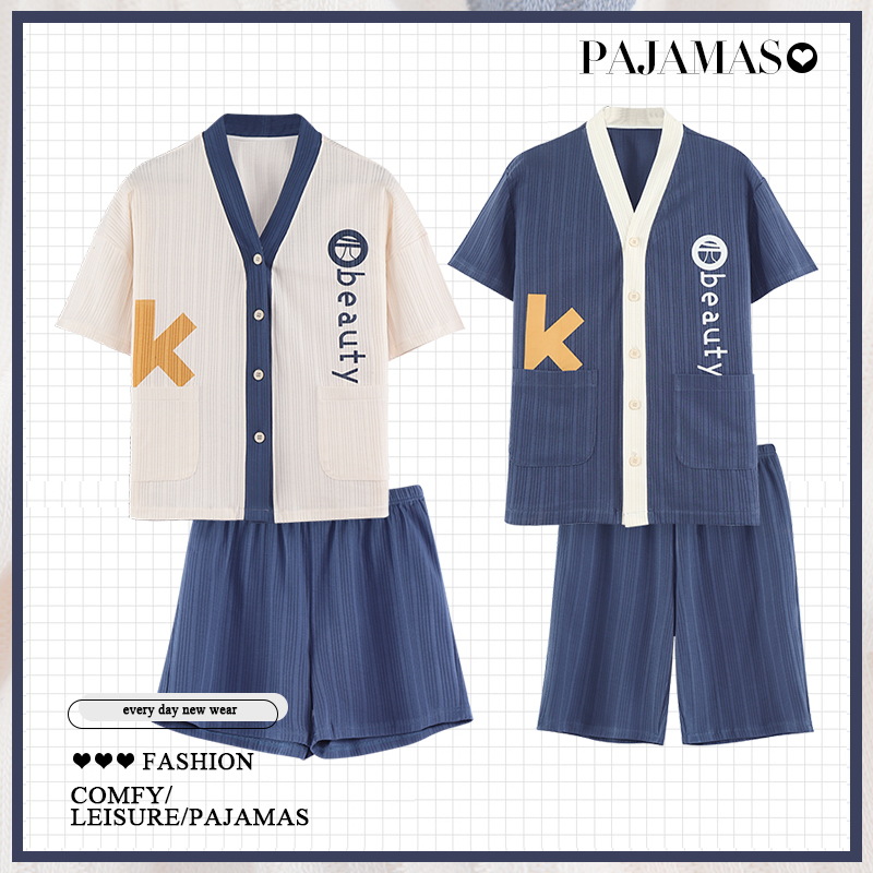 Couple pajamas, women's summer thin all-cotton short-sleeved Japanese kimono, cute cartoon skin-friendly men's simple home wear details Picture