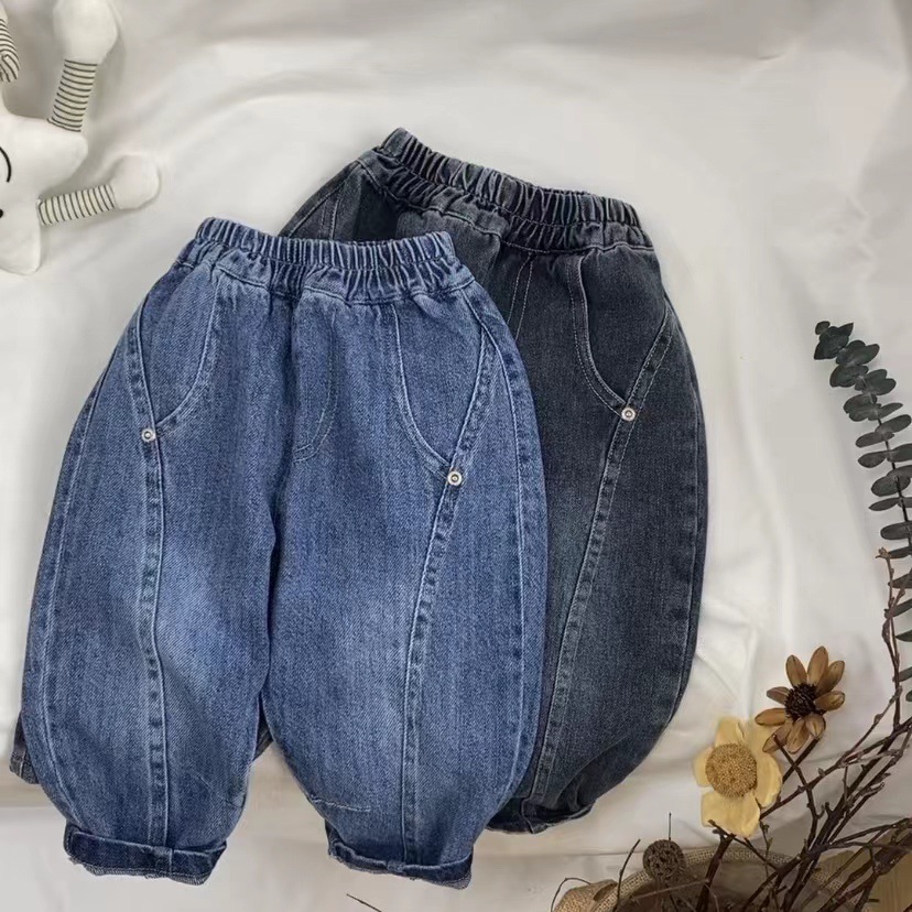 GL-kids Korean Edition Autumn New Children's all-cotton non-elastic denim Harem pants, men's and women's baby patchwork denim long pants