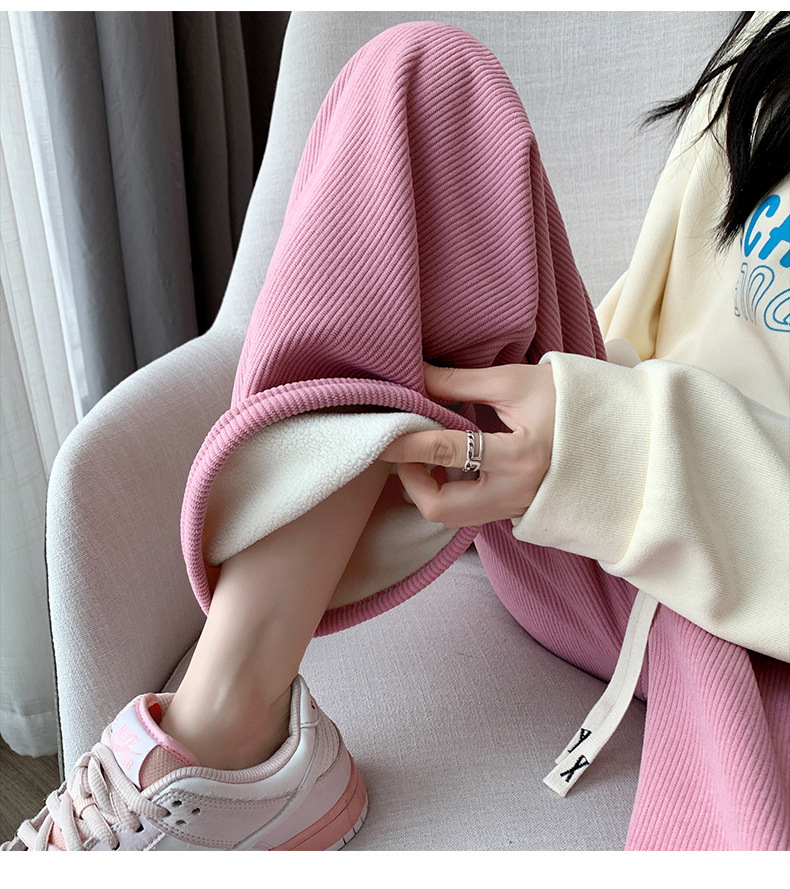 H506加绒阔腿裤女秋冬高腰垂感宽松显瘦灯芯绒直筒拖地白色休闲裤详情25