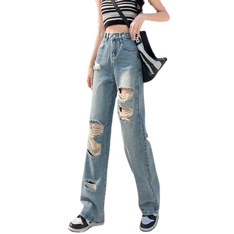 Wide-Leg Broken Pants Women Jeans Summer New High-Waisted Straight Leg Loose Slim Design Sense Small Nine-Point Pants Item Picture