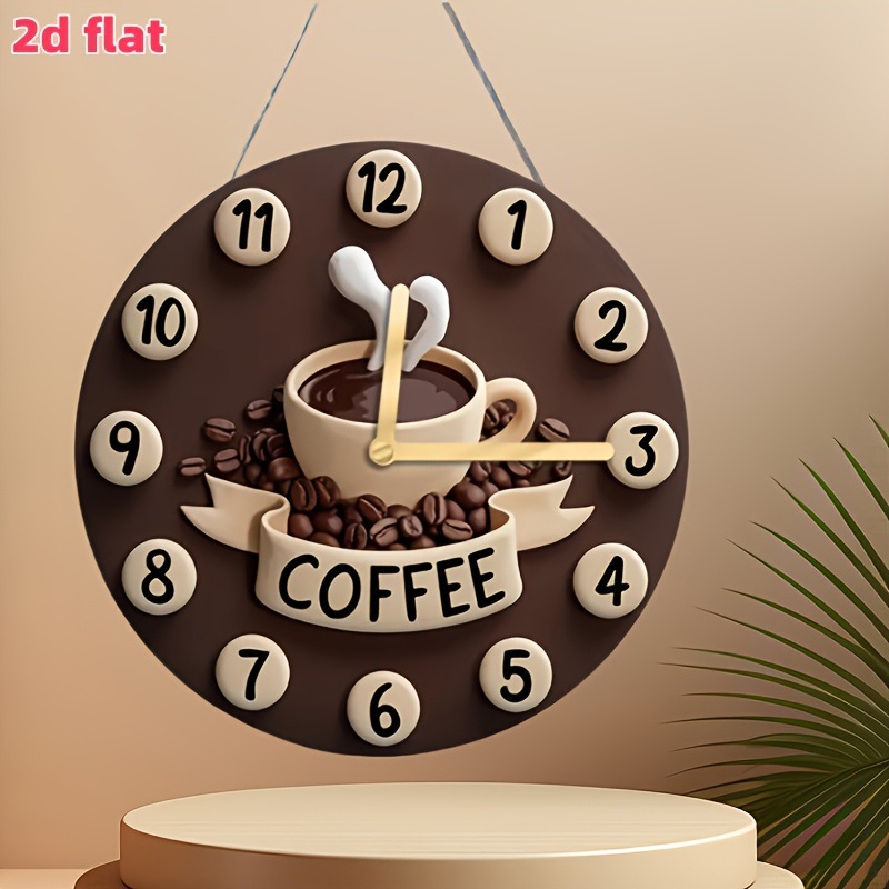 Cross-border wooden flat coffee cup wall clock, round wooden decorative coffee bean design, home kitchen garden decoration Specification image
