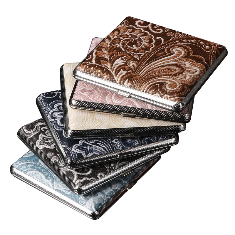 Hot-selling classic leather-textured and rubber-reinforced thick 20-piece cigarette box for men, portable and lightweight metal veneered cigarette box Item Picture