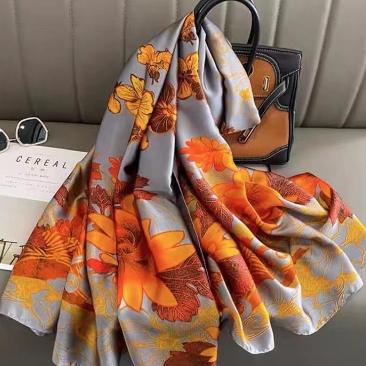 New Korean-style gardenia imitation silk shawl and scarf, women's decoration, versatile shawl, sun-protective beach towel, live wholesale Application Scenario