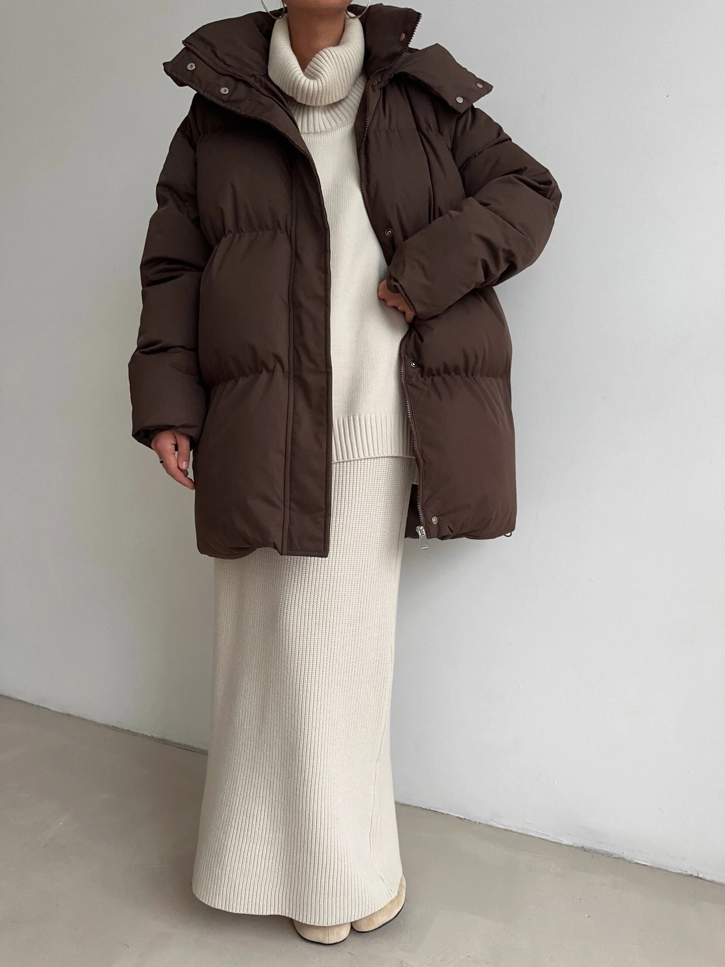 European and American style 2025 casual waist-cinching slimming hooded mid-length bread cotton-padded jacket for women, thickened cotton-padded jacket jacket in brown pic 12