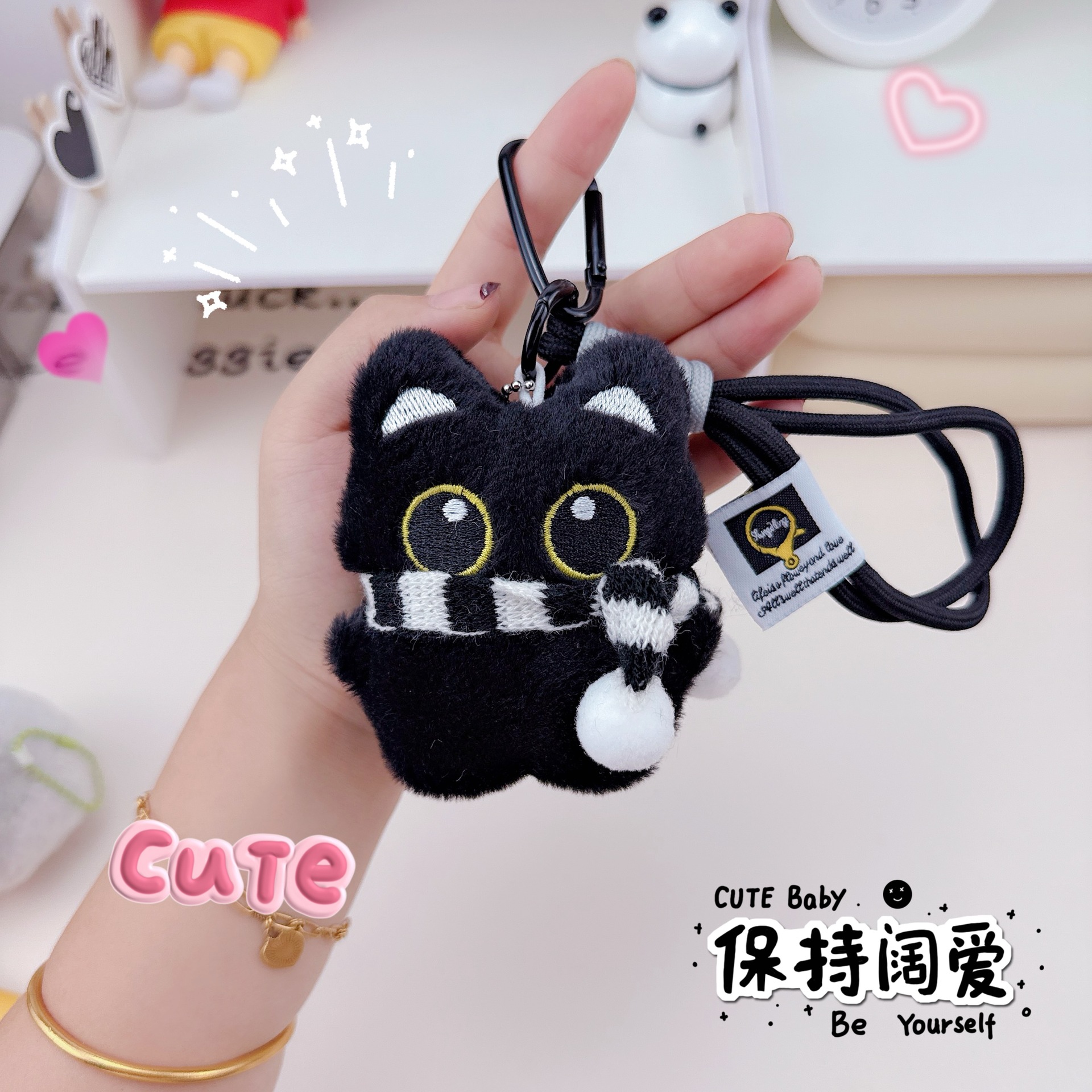 铃铛小黑猫钥匙扣挂件吱吱叫毛绒公仔大眼猫咪少女心玩偶书包挂饰详情7