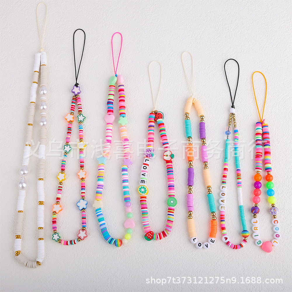欧美波西米亚彩色童趣软陶串珠挂链手机链可爱手机壳挂绳短手腕女