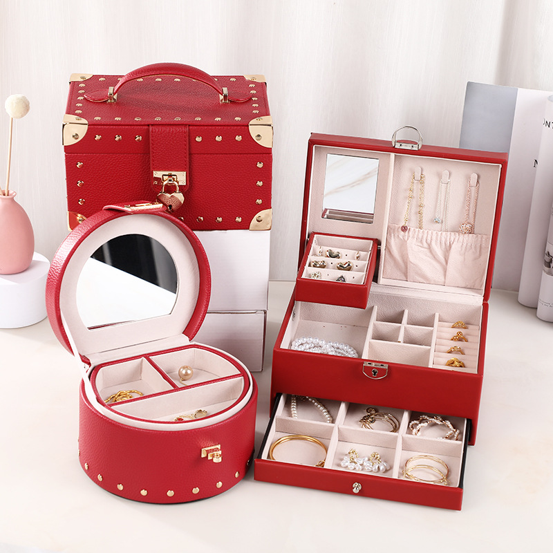 PU皮饰品盒 便携手提饰品盒收纳盒 简约分格珠宝首饰包装盒图