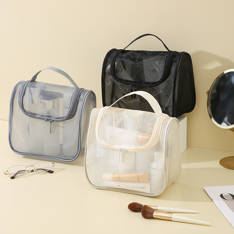 网纱手提化妆包大容量便携化妆品收纳包多功能洗漱包高颜值弯包图