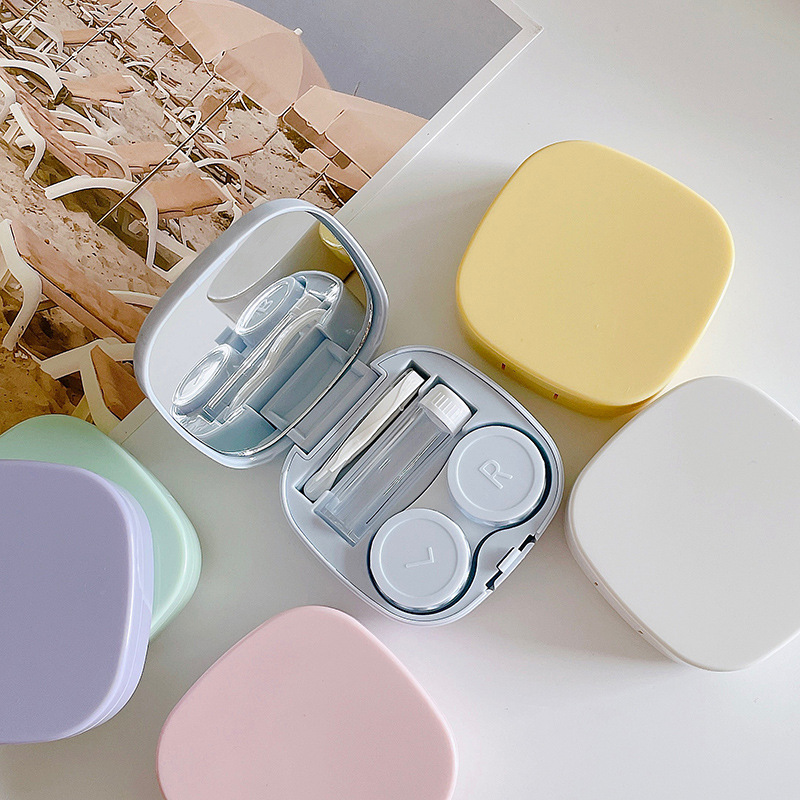 Wholesale of simple DIY square contact lens cases, portable color contact box, companion double box, smooth storage box details Picture