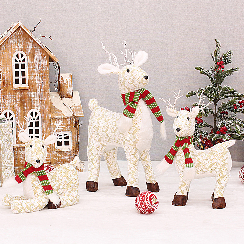 跨境圣诞新产品圣诞节装饰用品雪花布艺四脚麋鹿摆件圣诞礼品礼物图