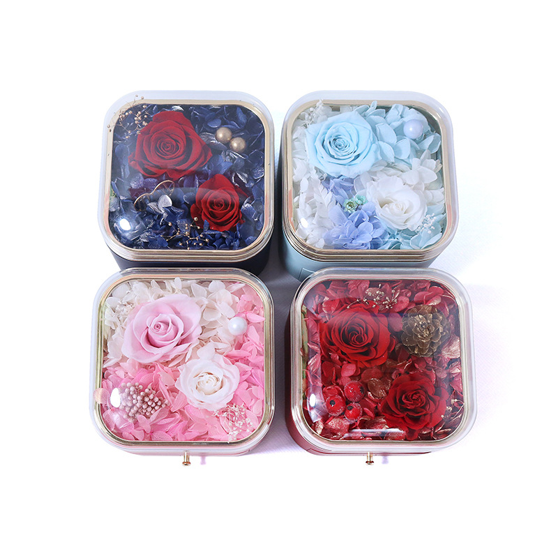 New round corner paint preserved flower gift box, rose real flower necklace, jewelry box, high-transparency acrylic rose Item Picture