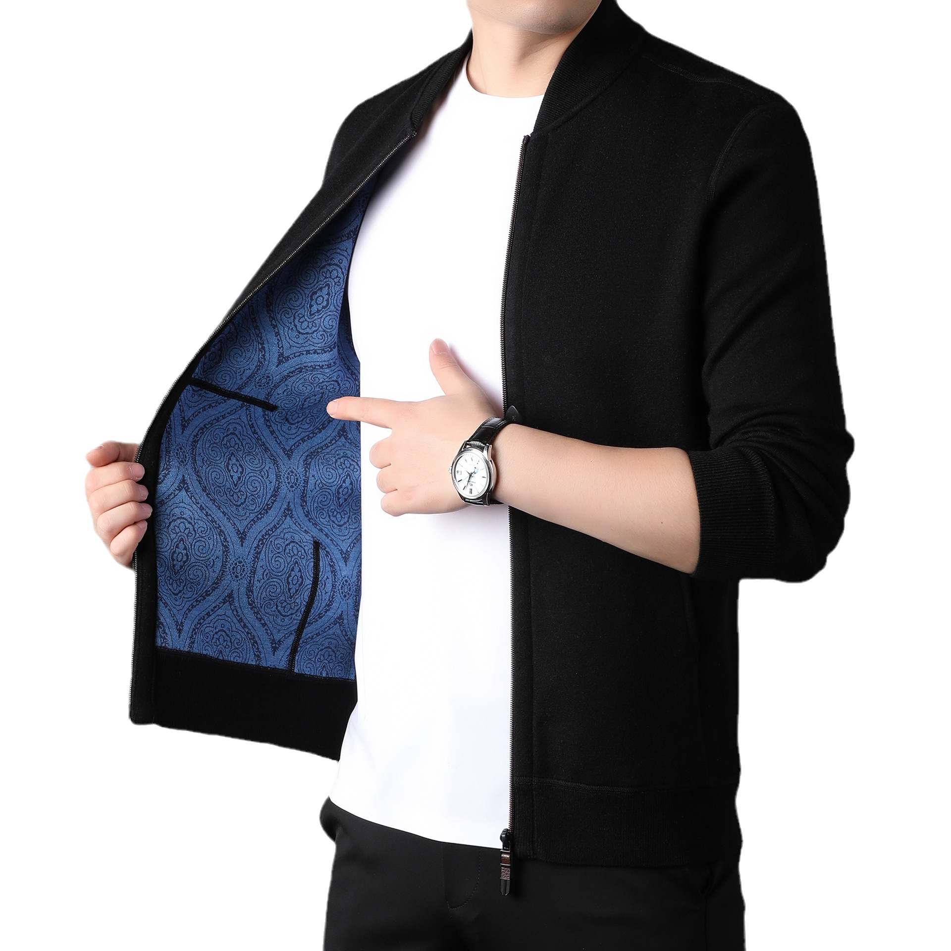 Baseball collar men's knitted cardigan, new autumn and winter fashion and casual for middle-aged and young people, zipper sweater, solid color jacket Item Picture