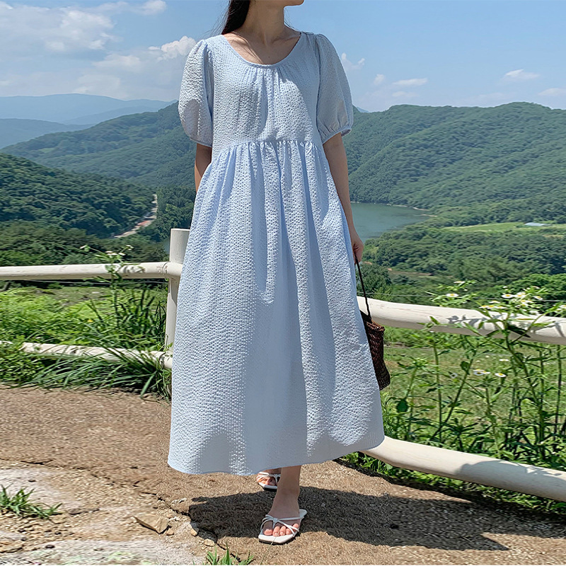 夏季新款纯色纯棉长裙女装甜美可爱圆领复古泡泡袖裙子短袖连衣裙