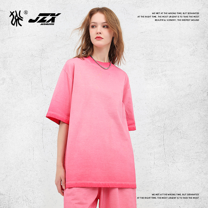 Two-color gradient short-sleeved pure cotton trendy brand off-the-shoulder printed round-neck short-sleeved summer casual men's and women's loose and versatile T-shirt Specification image
