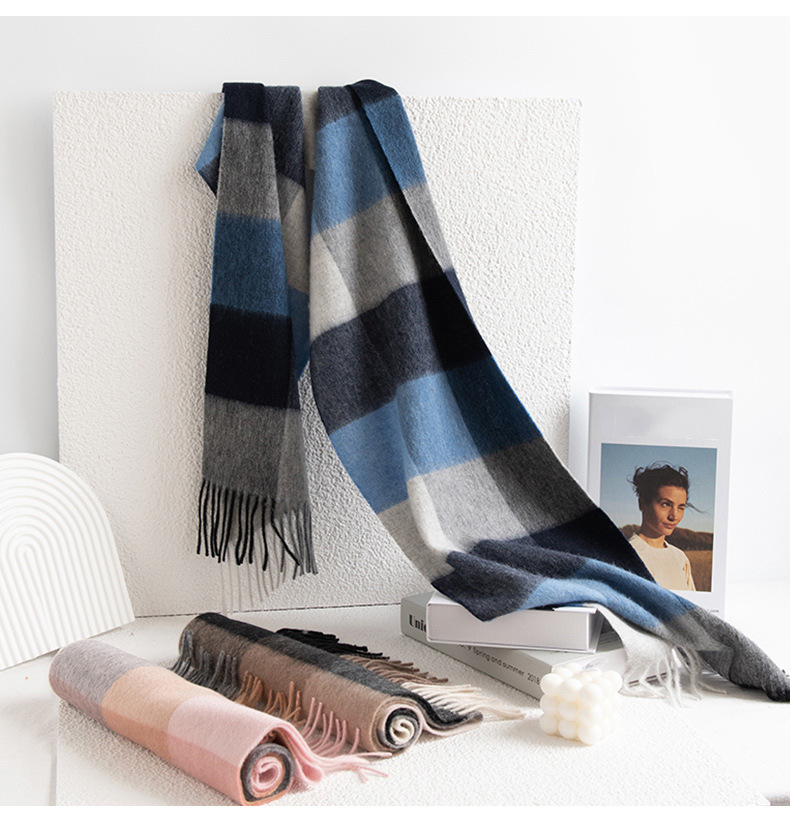 加厚秋冬格子100%羊毛围巾氛围感女百搭保暖wool羊毛围脖舒适披肩详情17