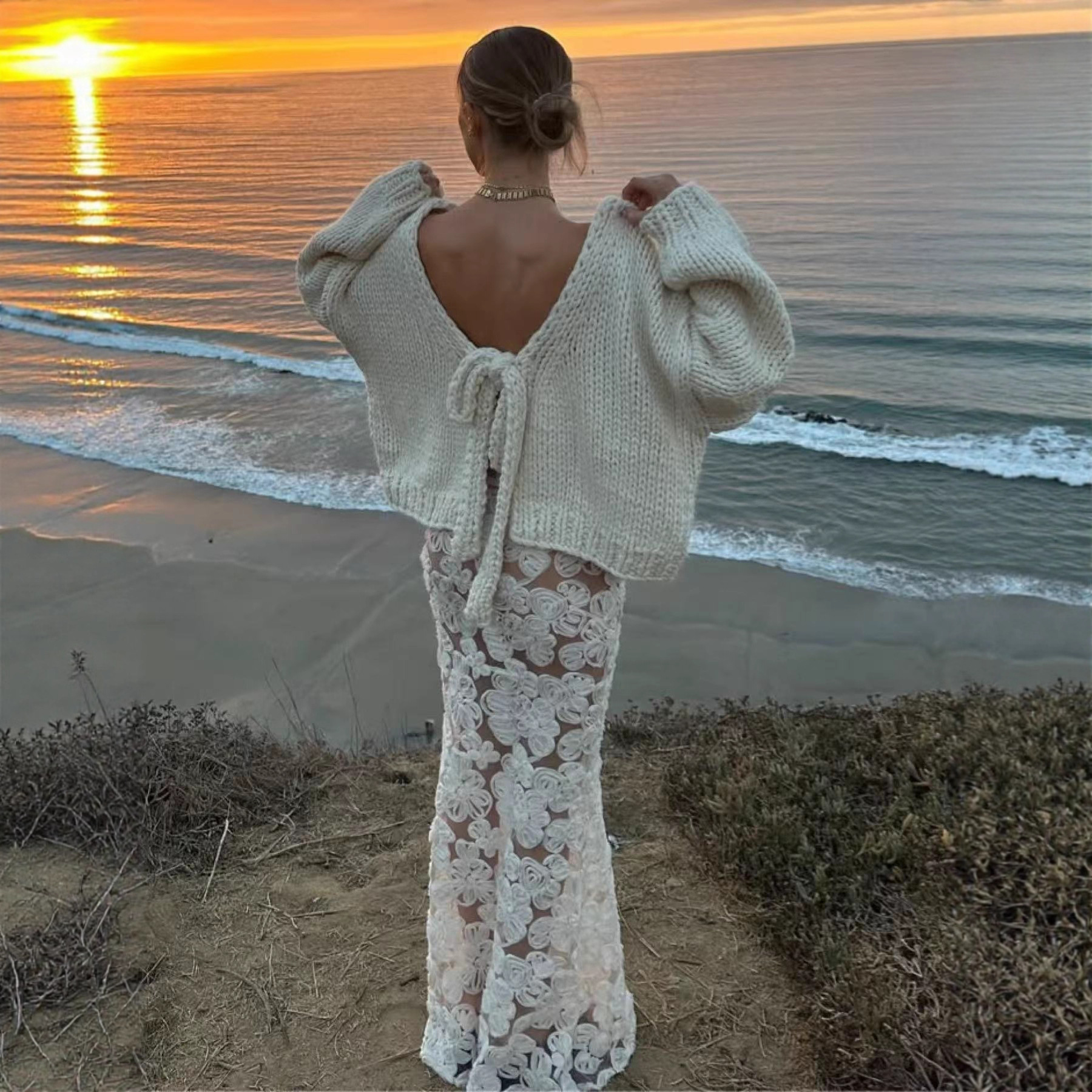 Cross-border Europe and America 2025 new style personalized short, thick-knit, bow tie tie cardigan sweater for both sides to wear Application Scenario