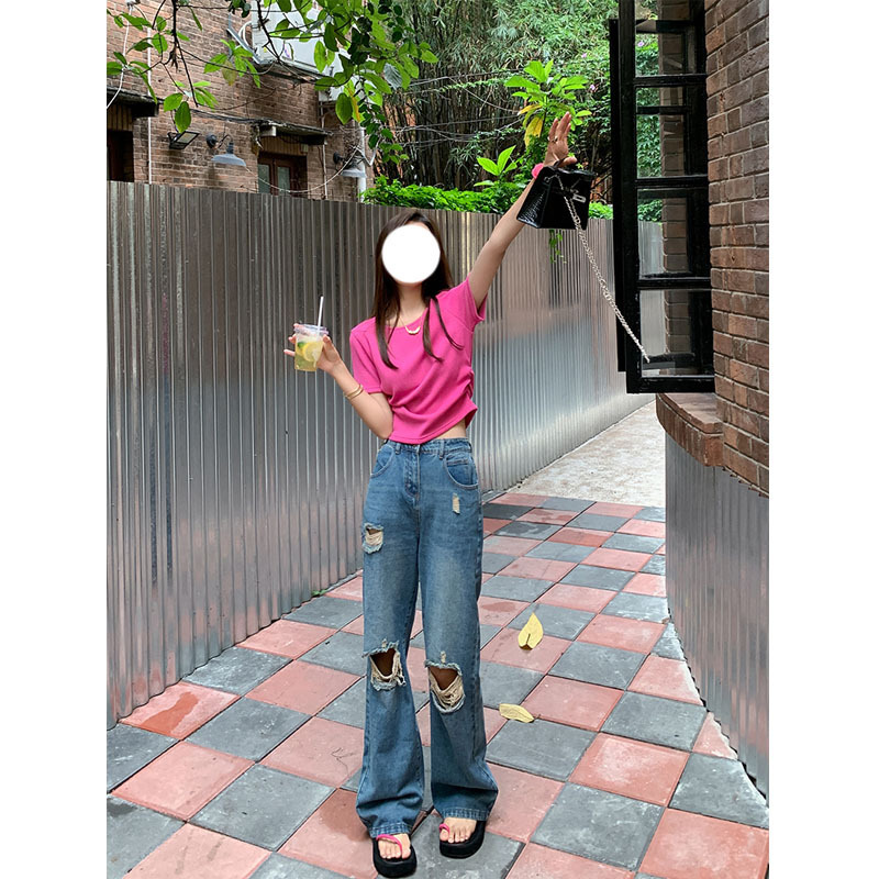 Blue ripped jeans for women's 2022 summer new style, thin high-waisted floor-length long pants with a drape, loose straight-leg pants Application Scenario