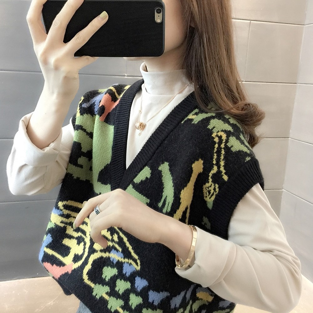 V-Neck Pullover Women's Sweater Loose Fashion Jacquard Vest Knitted Small Vest Thin Autumn And Winter 2021 New Trend details Picture