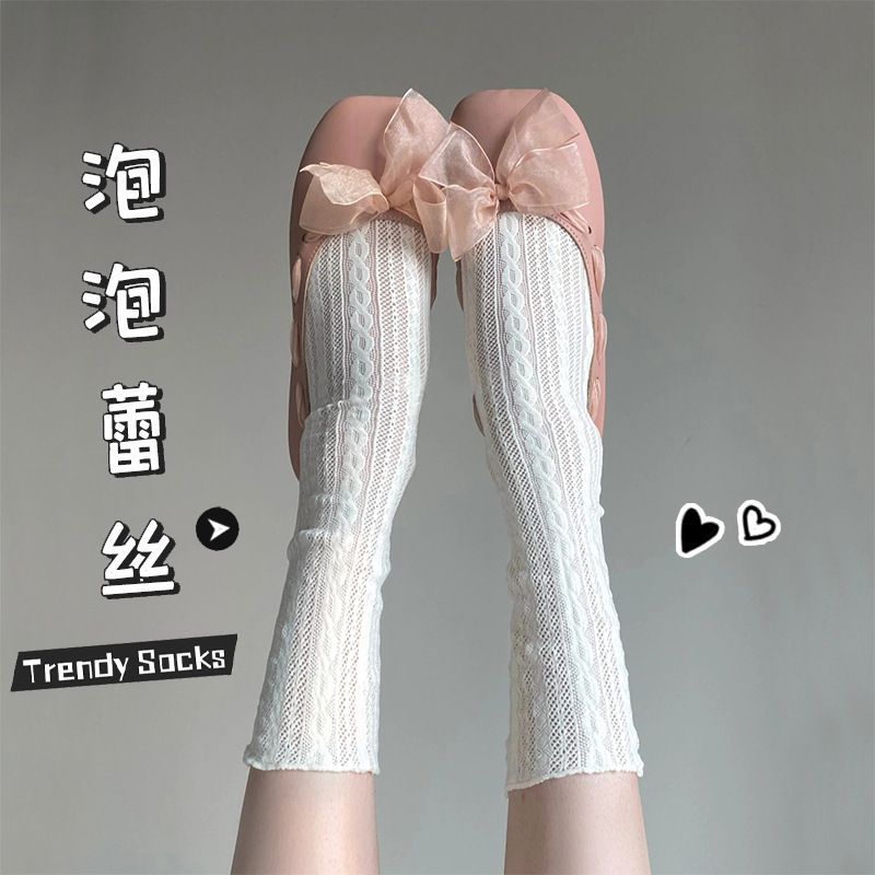 White JK striped mesh pile socks, women's lace cutout calf socks, summer thin breathable mid-calf socks, ins details Picture