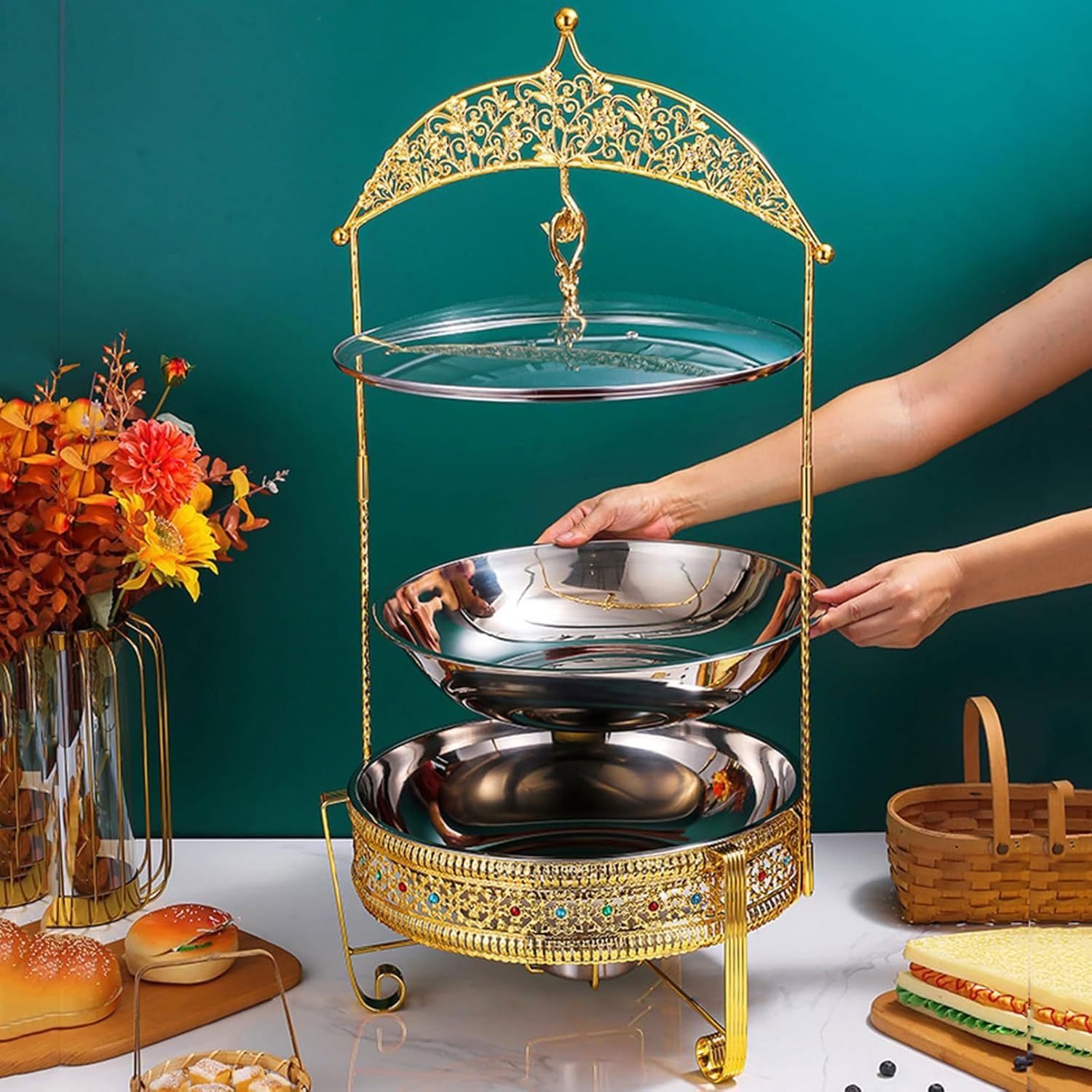 Cross-Border Source Stainless Steel Hanging Stove Restaurant Suitable For Light Luxury Luxury Iron Buffet Stove Novel Color Diamond Alcohol Stove details Picture