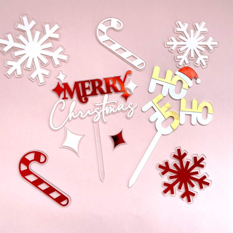 Cross Border Ins Wind Christmas Decoration Acrylic Snow Cane Cake Plugin Hohoho Christmas Party Supplies details Picture